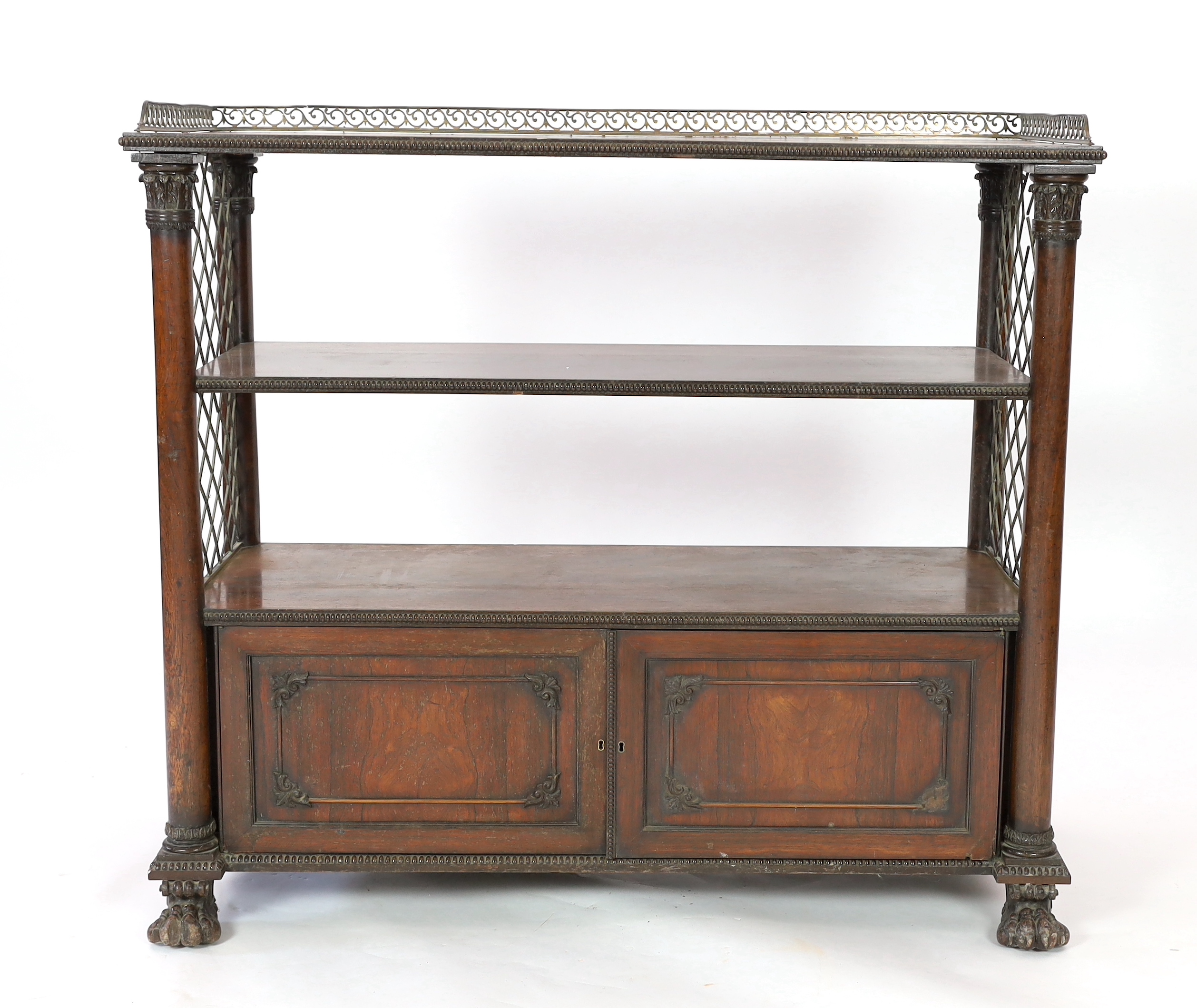 A William IV brass mounted rosewood buffet cabinet, width 140cm, depth 55cm, height 118cm